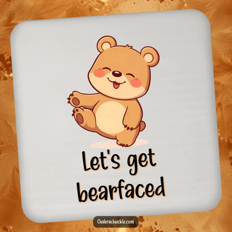 Funny drink coaster with a giggling bear balancing on one paw, a playful twist celebrating humor.