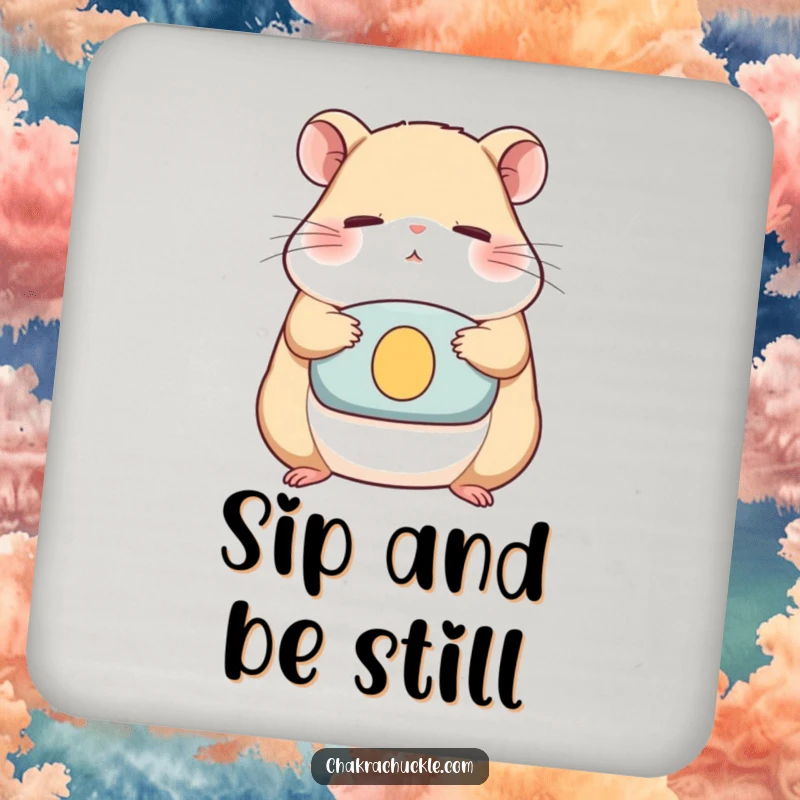 Funny Drink Coaster featuring a determined hamster meditating serenely on a cushion, eyes closed, offering humorous protection.