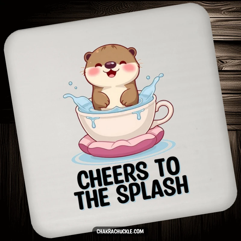 Funny coasters showing a happy otter splashing in a teacup meditation cushion, bringing playful charm to your table.