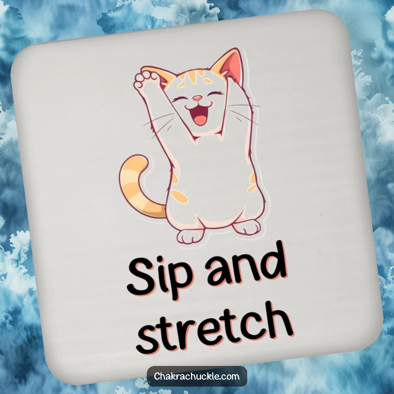 Funny joyful cat coasters characters stretching their backs in a playful arch pose, protecting decor with humor.