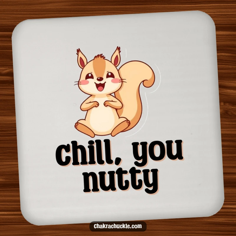 Funny kawaii squirrel meditation coaster shows an energetic squirrel in a seated pose, protecting surfaces with humor.