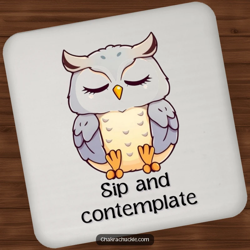 Funny kawaii owl coaster with a contented owl meditating peacefully with closed eyes, offering zen humor.