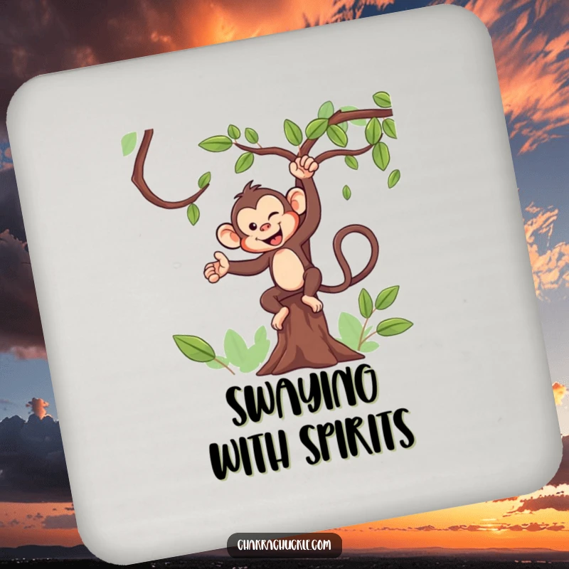 Funny Monkey Yoga Coaster: A mischievous monkey winks while balancing in a tree pose, protecting your surfaces.