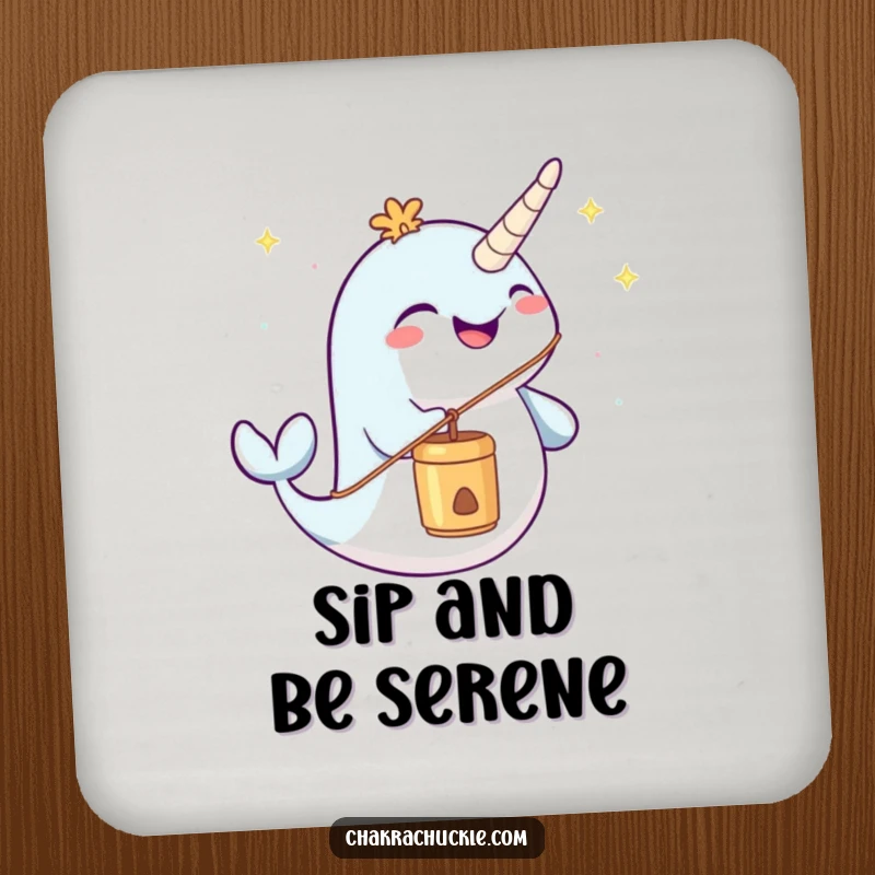 Funny narwhal coaster joyfully blowing a meditation chime, adding peaceful humor to drink protection.