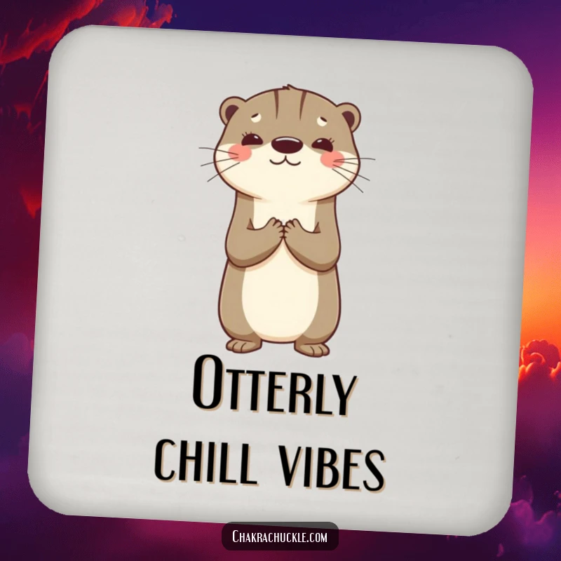 Funny drink coaster showcasing an otter balancing on its back, hands together, adding a splash of gratitude and humor.