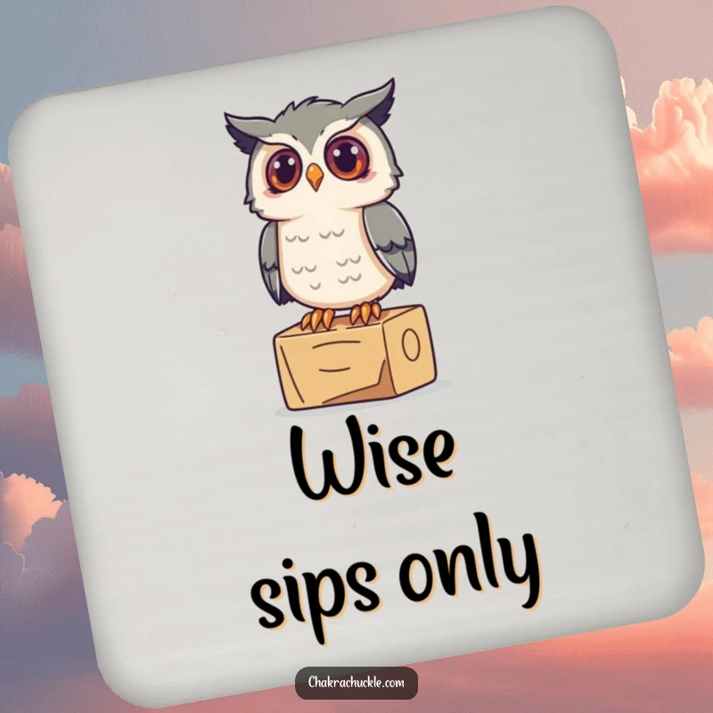 Funny Owl Yoga Coaster: A curious owl perches on a yoga block, looking up inquisitively, offering protection with wisdom.