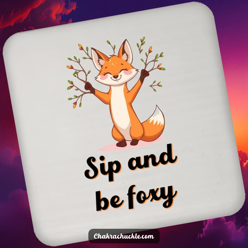 Funny smiling fox coaster, graceful tree pose, branches reaching, protecting surfaces with woodland charm.