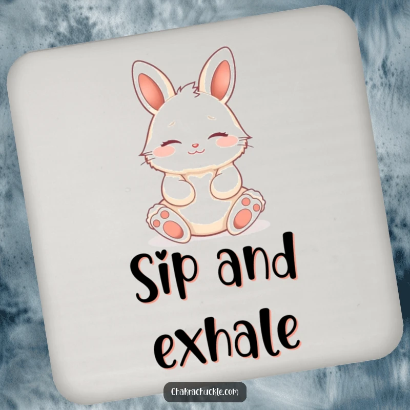 Funny fluffy bunny in a seated lotus pose, eyes closed, serene smile, a protective and humorous coaster.