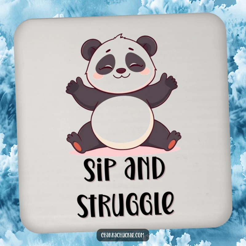 Funny Panda Yoga Coaster: Giggling panda attempting a difficult yoga pose, a humorous surface protector.