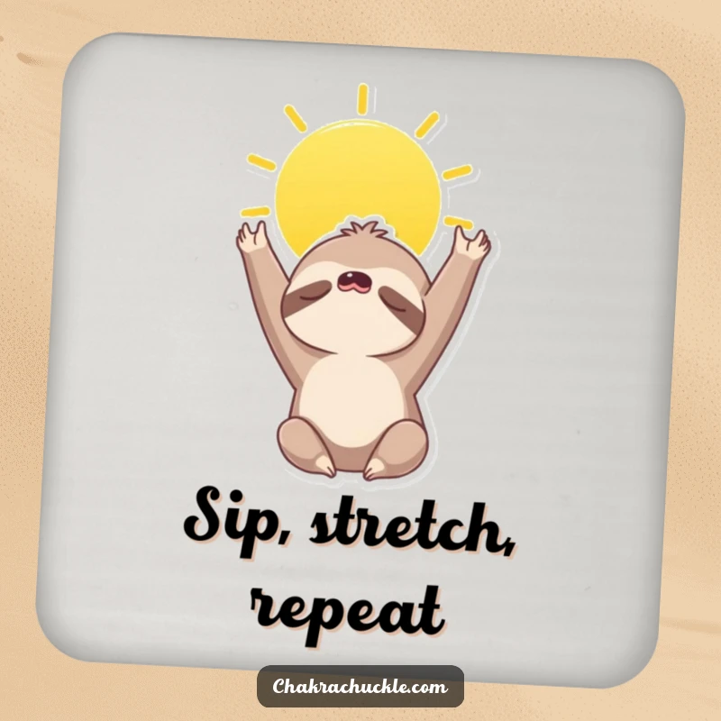 Funny coaster set featuring a sleepy sloth in a sun salutation, reaching towards the sky, symbolizing peace and relaxation.