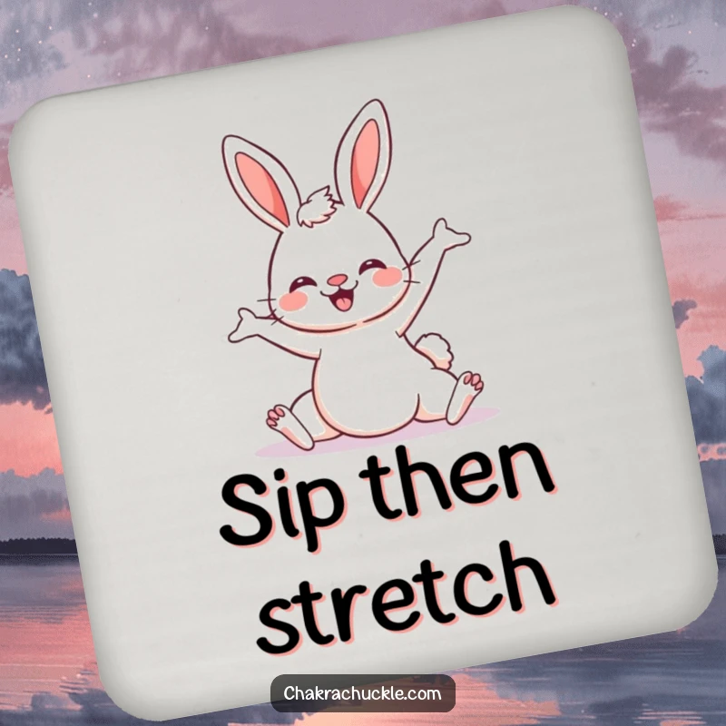 Funny Kawaii Bunny Yoga Drink Coasters, a cute bunny doing downward dog, perfect for table protection and as a humorous gift.
