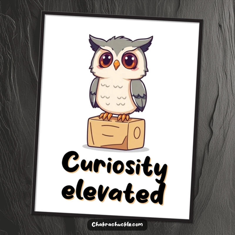 Funny Owl Yoga Poster: A curious owl perches on a yoga block, looking up inquisitively, radiating wisdom and charm.