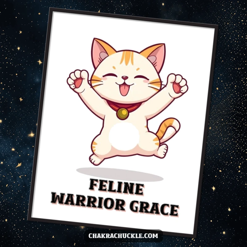 Funny Jumping Cat Art Print showing a cat in an energetic warrior pose with paws reaching high, full of playful glee.