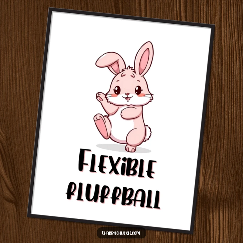 Funny pink bunny poster in a challenging pretzel pose with a high leg extension, adding whimsical art.