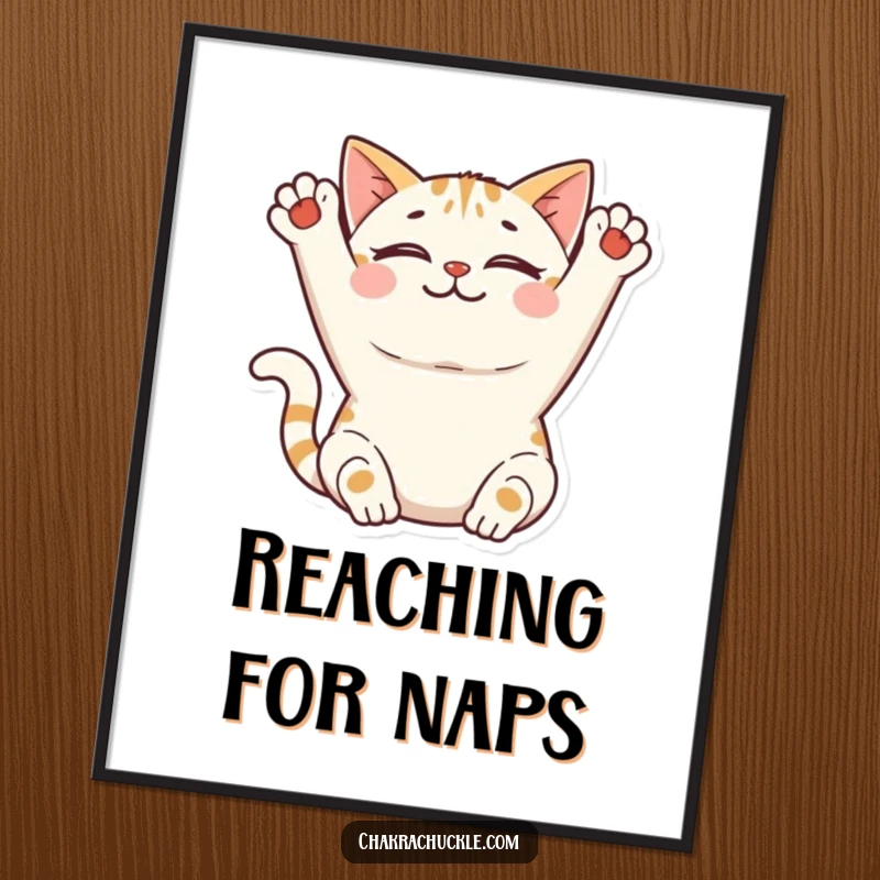 Funny Cat Yoga Poster: A smiling cat stretches its front paws upwards in a peaceful pose, radiating pure calm and cuteness.