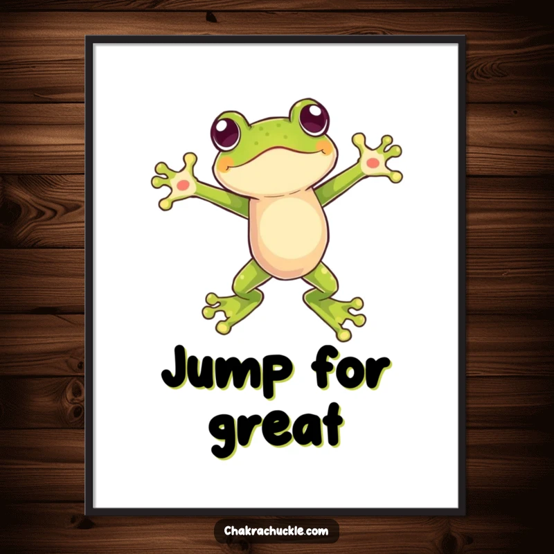 Funny poster of a frog in a powerful, balanced leap with arms spread wide, radiating energy and playful dynamism.
