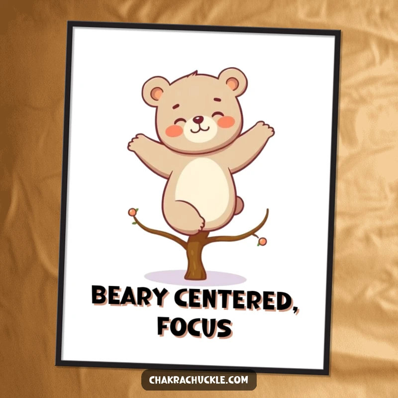 Funny kawaii bear yoga poster, featuring a giggling bear in a perfect tree pose, bringing humor and serenity to your decor.