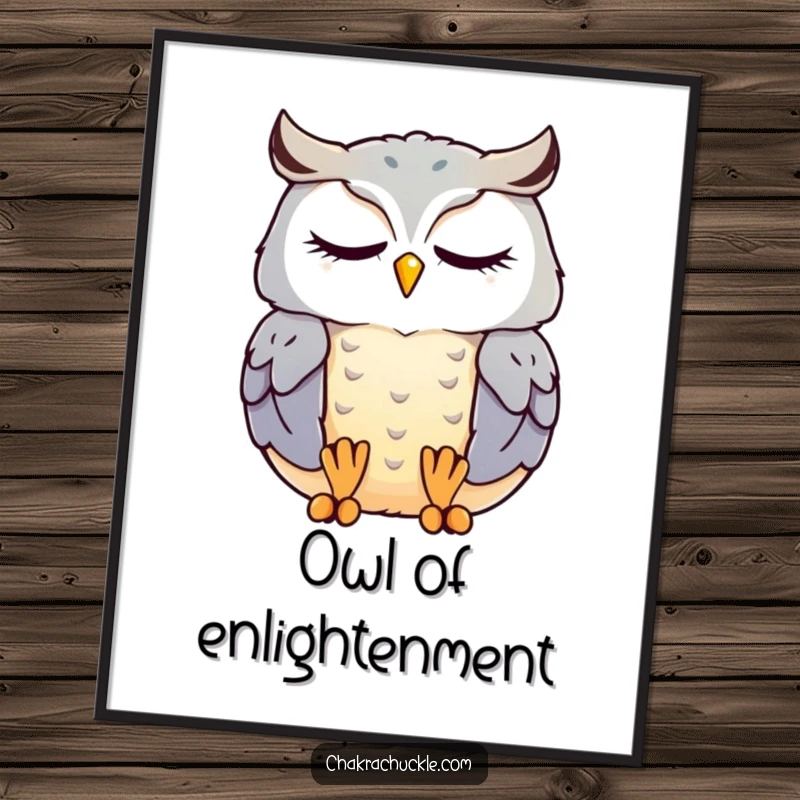 Funny kawaii owl poster showing a cute, contented owl meditating serenely with eyes closed, bringing peaceful humor.