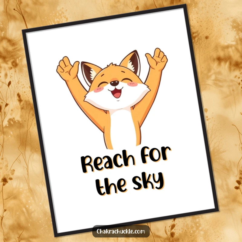 Funny Morning Fox Art Print featuring a happy fox stretching its arms towards the sky, creating a motivational and cheerful vibe.