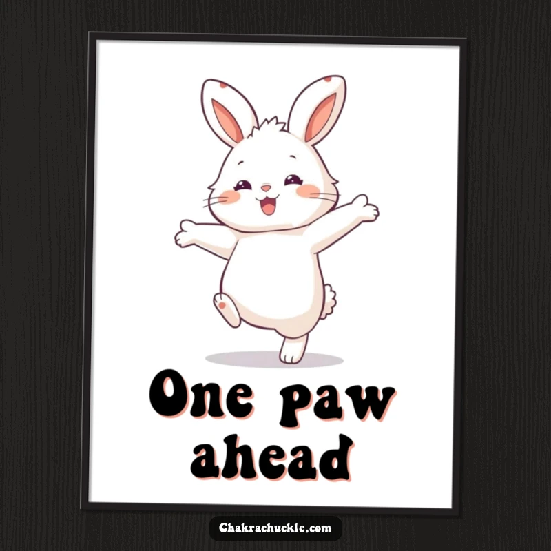 Funny Rabbit Balance Poster: Fluffy rabbit character balancing on one paw with arms outstretched, adding humor to decor.