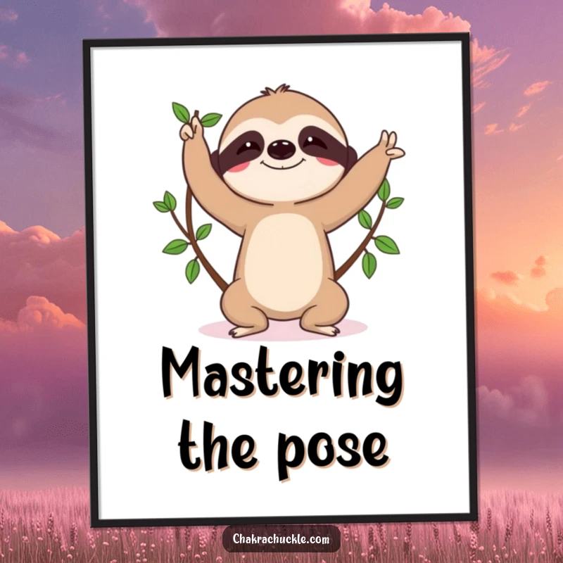Funny sloth poster, character in tree pose, determined concentration, yoga art, wall decor.