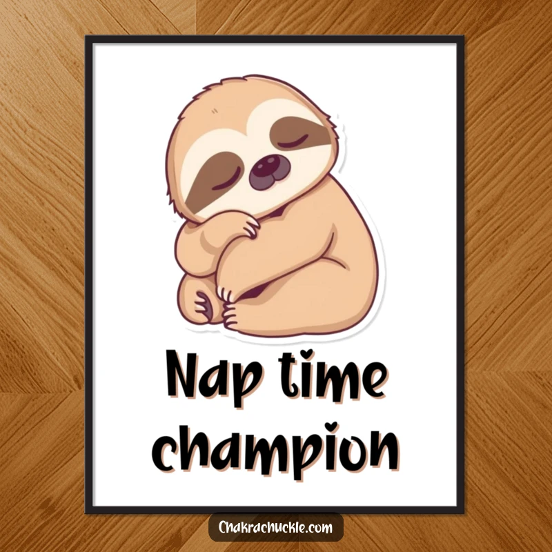 Funny Sloth Yoga Poster depicting a sleepy sloth in a deep forward fold, adding a humorous and peaceful element to wall decor.
