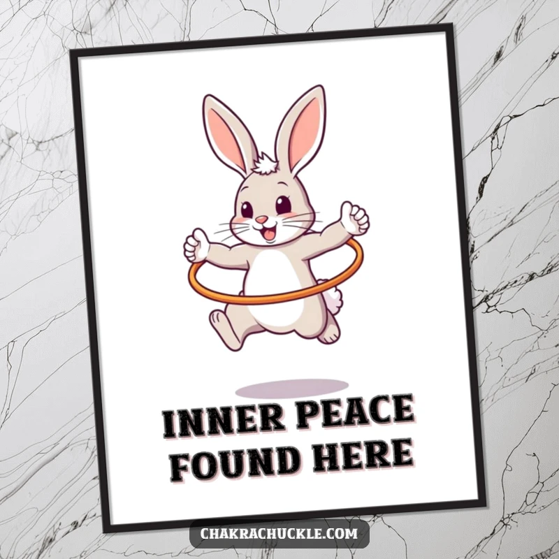 Funny poster print of a dynamic bouncy bunny striking a warrior pose while gracefully jumping through a hula hoop.