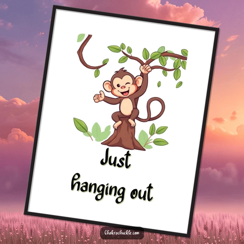 Funny Monkey Yoga Poster: A mischievous monkey winks, balancing effortlessly in a tree pose on a whimsical background.
