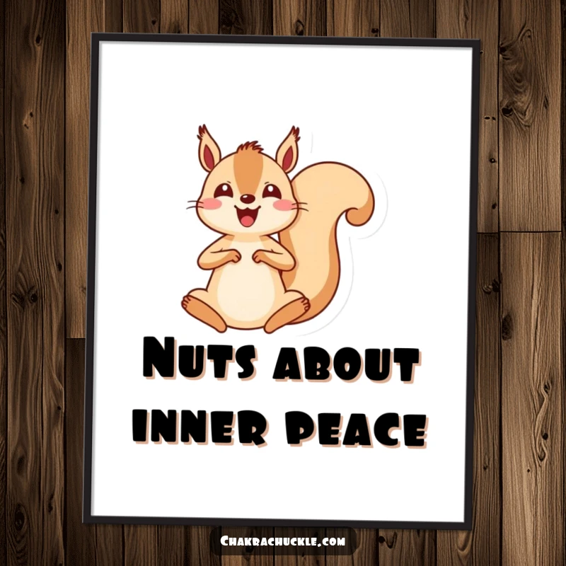 Funny kawaii squirrel meditation poster, an energetic squirrel jumping into a seated pose, radiating cheerful focus and calm.