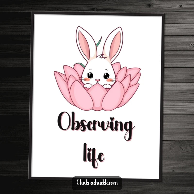 Funny poster art: a curious rabbit peeks from a vibrant lotus flower, creating a tranquil and whimsical scene.