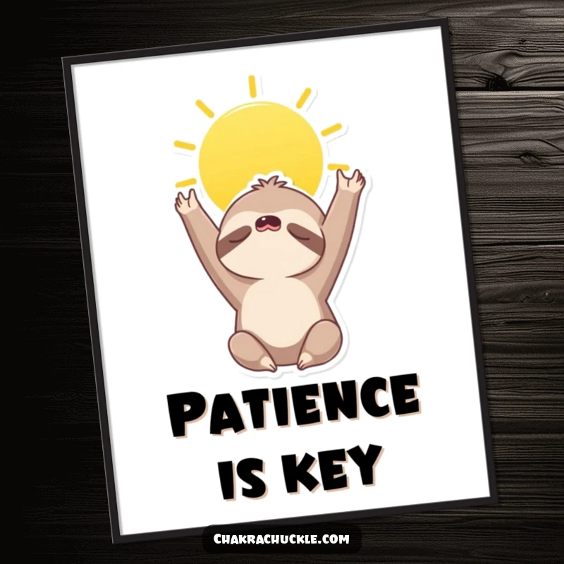 Funny poster art of a sleepy sloth doing a sun salutation, stretching towards the sky, embodying tranquility and slow living.