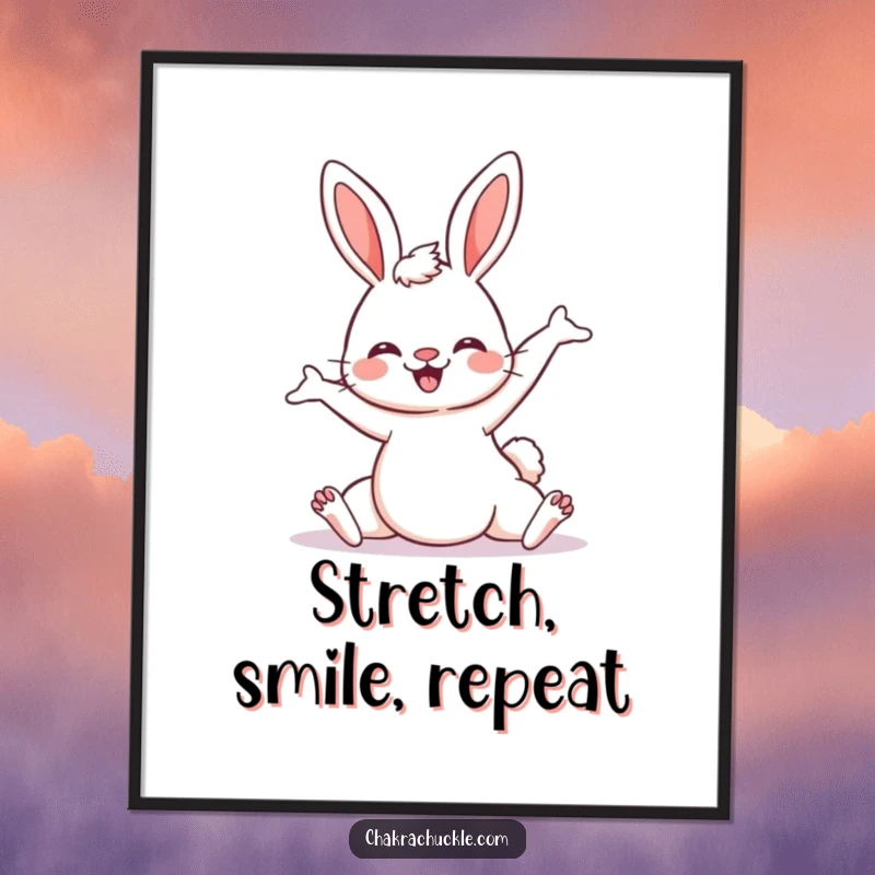 Funny Kawaii Bunny Yoga Poster featuring a cute bunny in a downward dog, perfect whimsical wall art and a humorous gift.