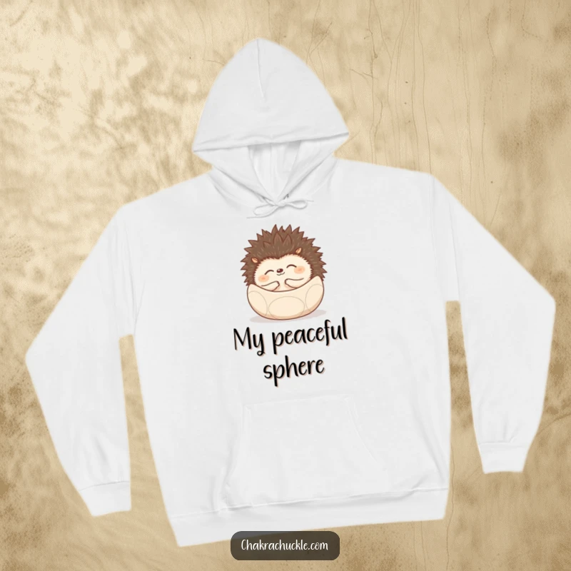 Funny Hedgehog Hoodie showing a hedgehog rolled into a zen ball, perfect for cozy meditation.