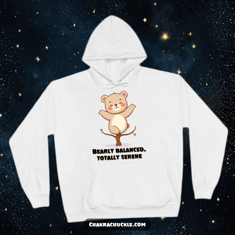 Funny kawaii bear hoodie, a giggling bear masterfully balancing on one leg in a tree pose, radiating pure joy.