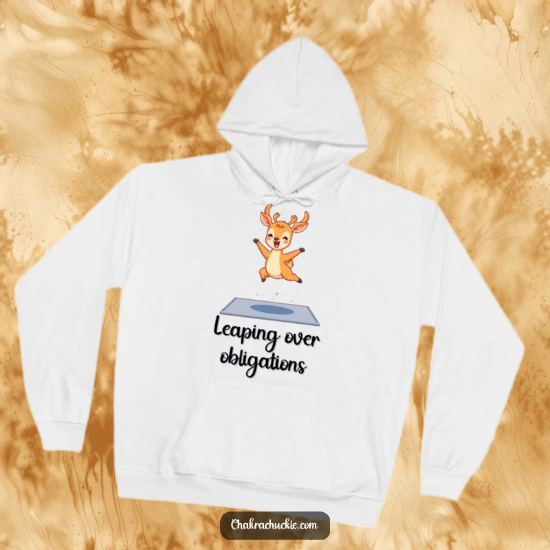 Funny kawaii deer yoga hoodie, a delighted deer leaping over a yoga mat with joyful abandon, perfect for cozy fun.