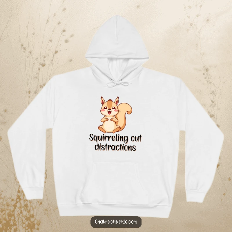 Funny kawaii squirrel hoodie, showing an energetic squirrel jumping into a seated meditation pose, capturing playful serenity.