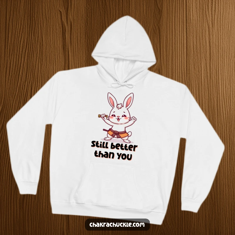 Funny kawaii rabbit hoodie showing an amused bunny attempting a very wobbly warrior pose, radiating cute and comical energy.