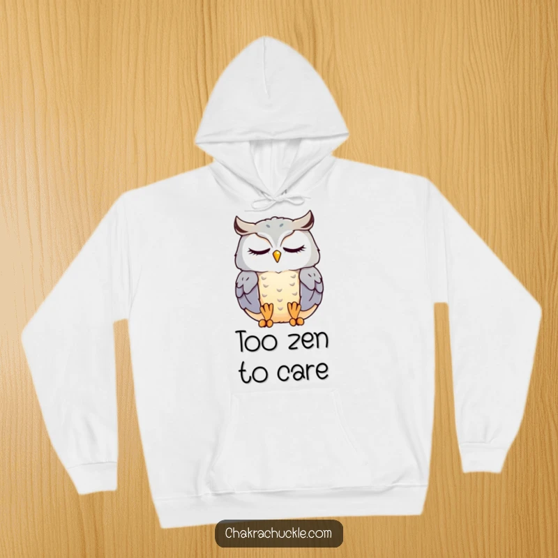 Funny kawaii owl hoodie depicting a cute, contented owl meditating serenely with eyes closed, offering cozy humor.