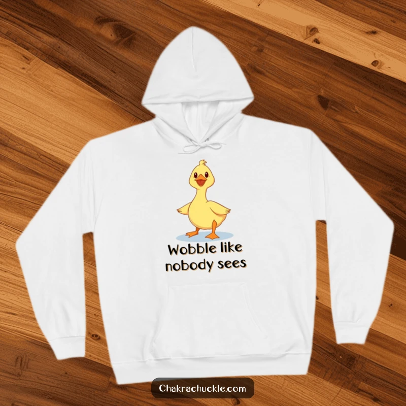 Funny duck hoodie with a wobbly duck hilariously trying a lotus pose, offering warmth and a good dose of humor.