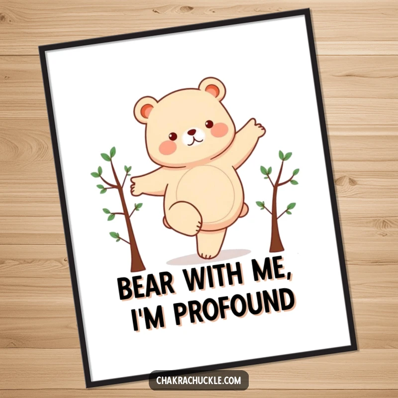 Funny Free Printable Wall Art of a chubby bear balancing on one leg, arms out, in a humorous yoga pose.