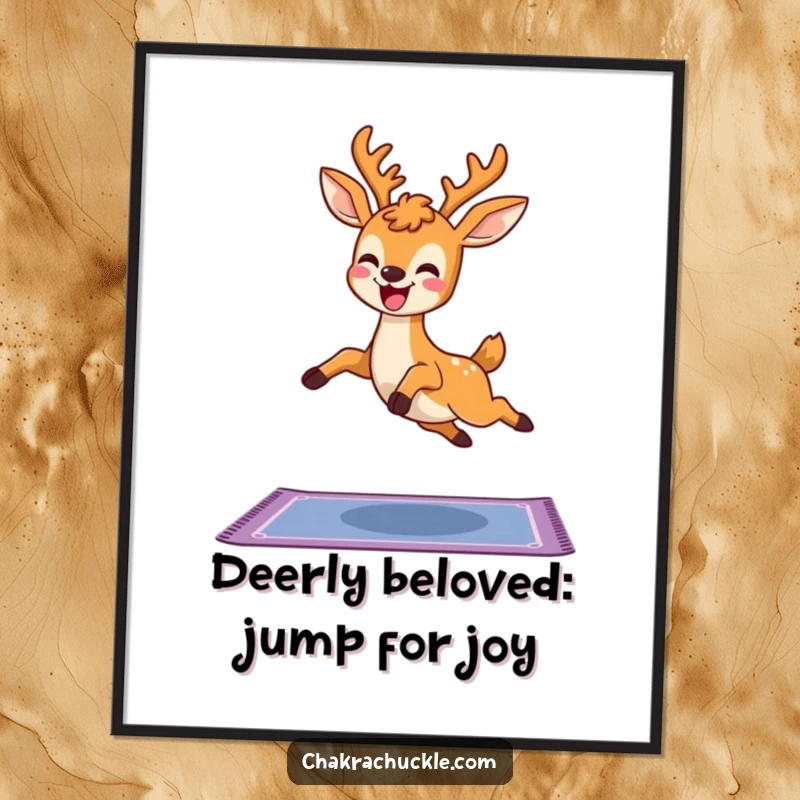 Funny Free Printable Wall Art: Delighted kawaii deer leaping energetically over a yoga mat, adding a whimsical, funny vibe.