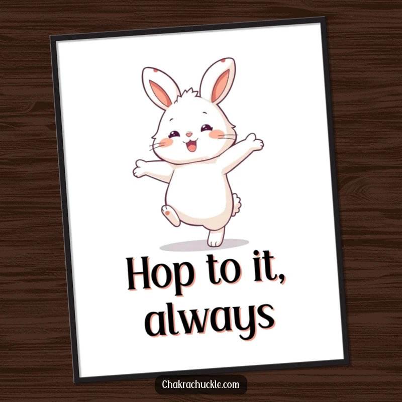 Funny Free Printable Bunny Balance Wall Art: Adorable bunny precariously balancing, arms out, full of playful energy, great downloadable art for nurseries.