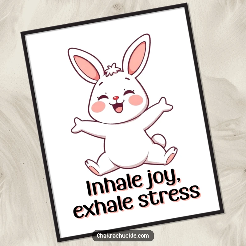 Funny Free Printable Wall Art: Smiling kawaii bunny in a serene downward-facing dog yoga pose, bringing calm.