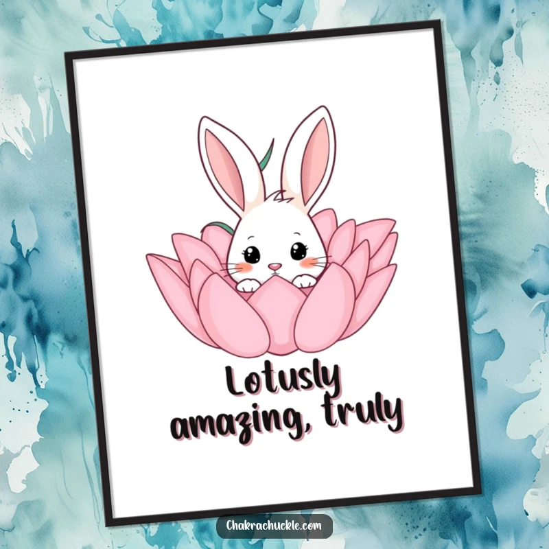 Funny Free Printable Wall Art: A curious rabbit peeking from a lotus, creating a whimsical and humorous art piece.