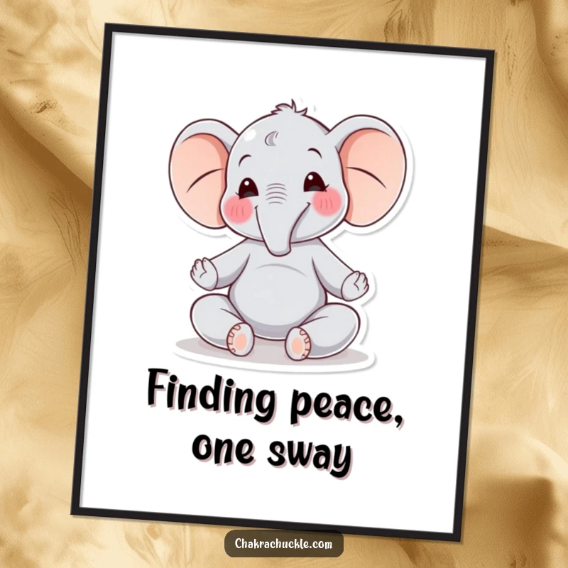 Funny Free Printable Wall Art of a joyful elephant meditating peacefully, ideal for creating a zen atmosphere.