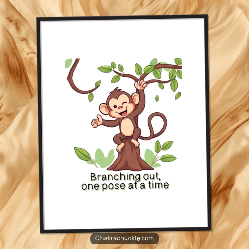 Funny Free Printable Wall Art of a monkey doing a tree pose with a mischievous wink, perfect for modern decor.