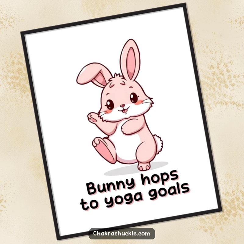 Funny Free Printable wall art of a pink bunny in a pretzel yoga pose with one leg raised high.