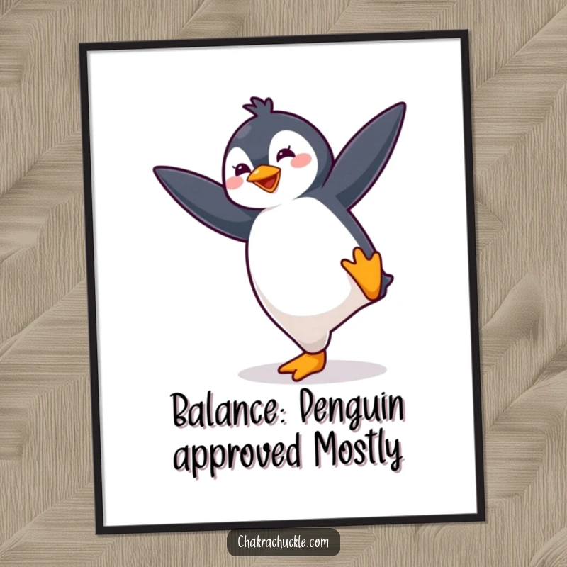 Funny Free Printable Wall Art: An energetically bouncing kawaii penguin striking a perfect yoga balance pose.