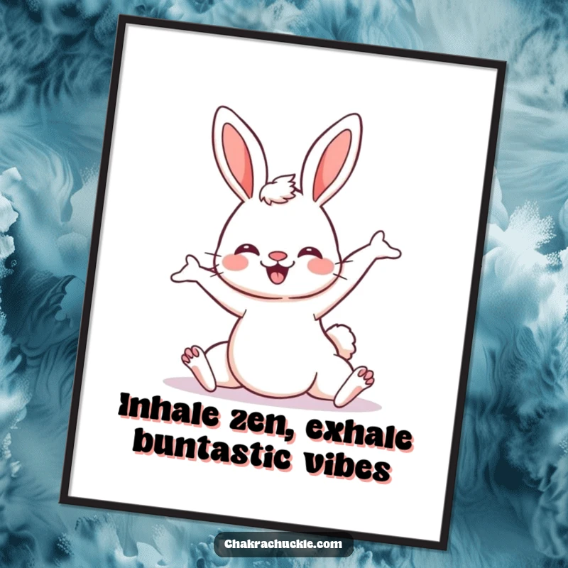 Funny Free Printable Wall Art: Kawaii bunny doing a cheerful downward-facing dog yoga pose, creating a whimsical and funny atmosphere.