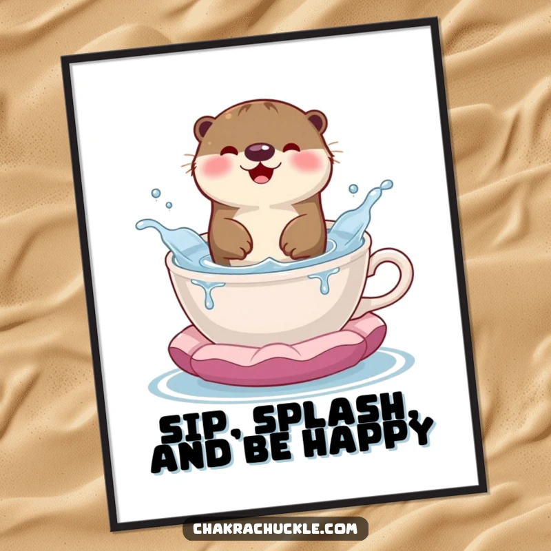 Funny Free Printable Wall Art: A happy otter splashing gleefully inside a teacup shaped like a cushion.
